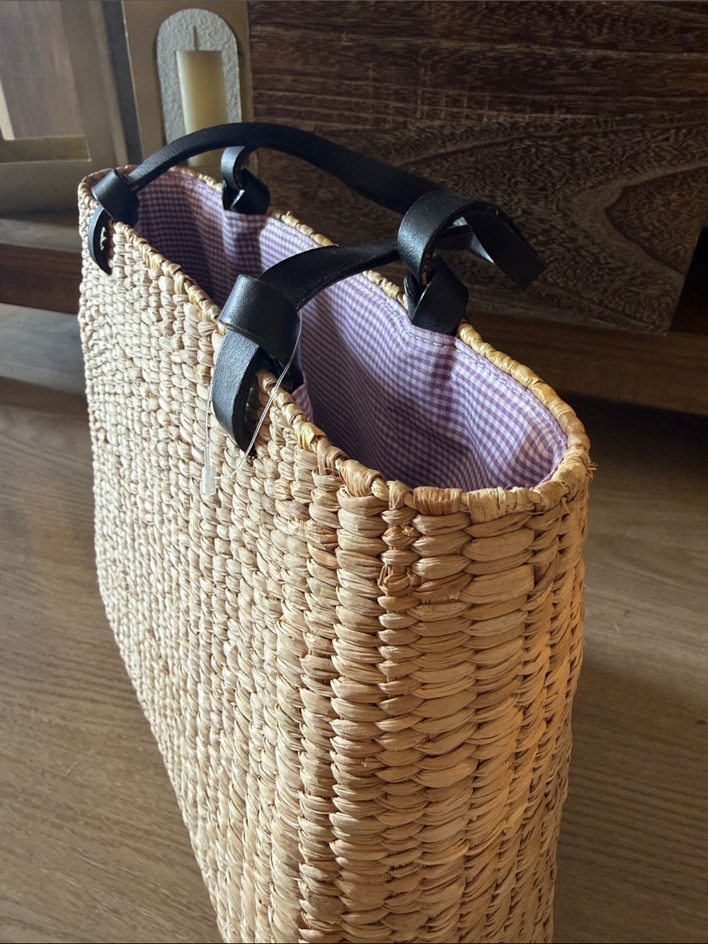 kate spade Natural Straw Tote with Purple Floral Embroidery and Black Handles - Picture 6 of 7